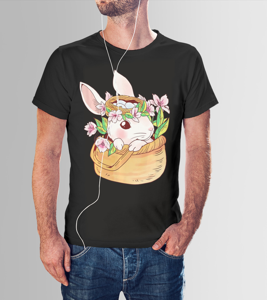 Cute Easter Bunny Girl Floral Basket T-Shirt