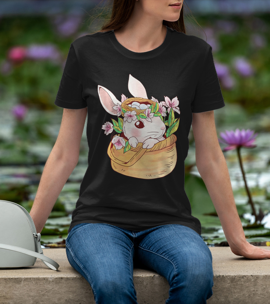 Cute Easter Bunny Girl Floral Basket T-Shirt