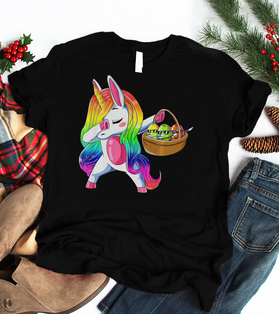 Girls Easter Unicorn Dabbing With Bunny Ear And Colorful Egg Basket T-Shirt