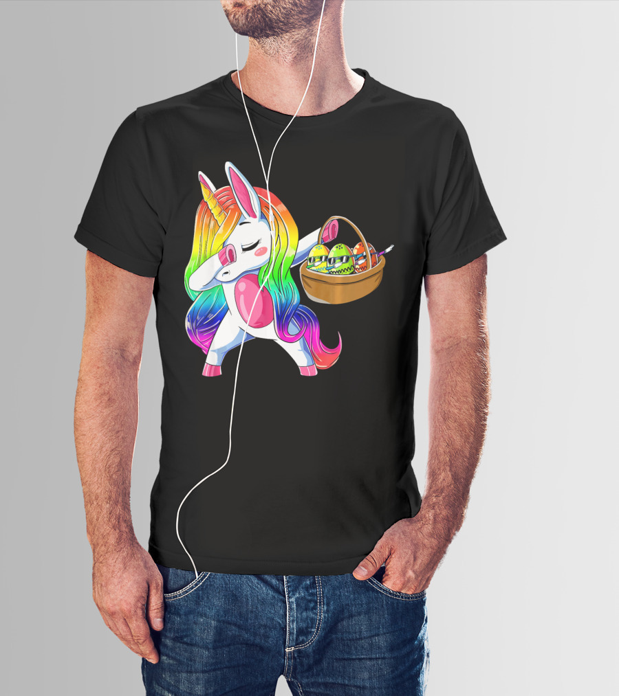 Girls Easter Unicorn Dabbing With Bunny Ear And Colorful Egg Basket T-Shirt