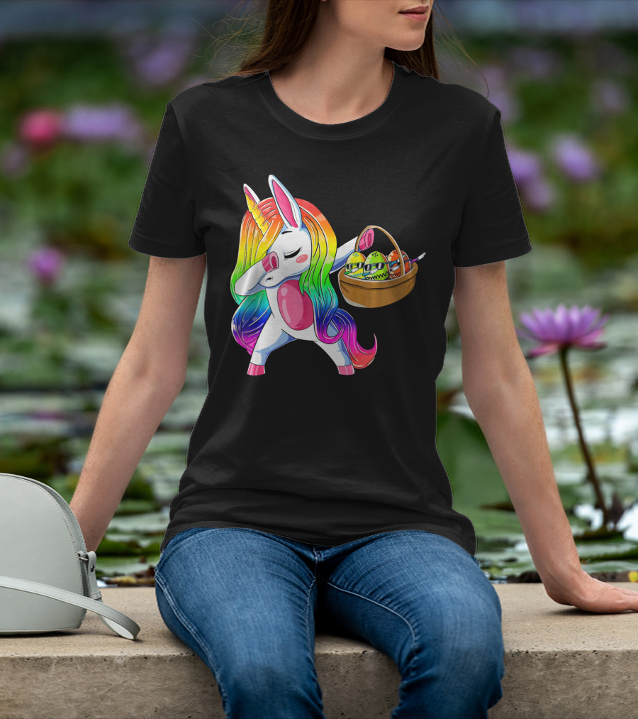 Girls Easter Unicorn Dabbing With Bunny Ear And Colorful Egg Basket T-Shirt
