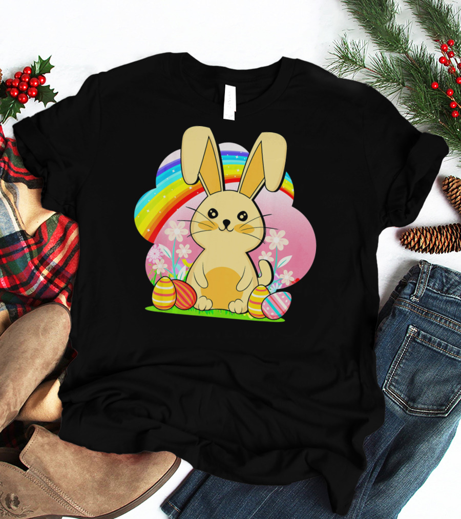 Easter Egg Bunny With Rainbow And Flowers T-Shirt