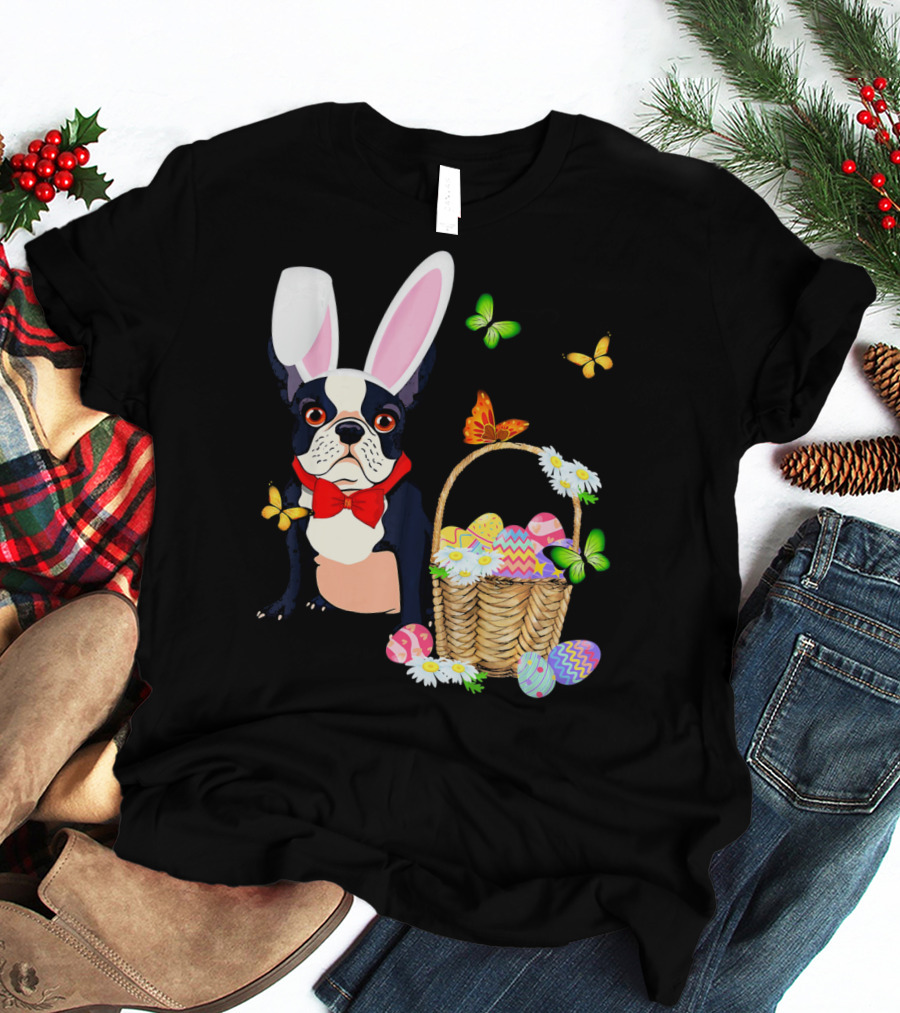 French Bulldog Bunny Hat Rabbit Easter Basket Eggs Butterflies T-Shirt