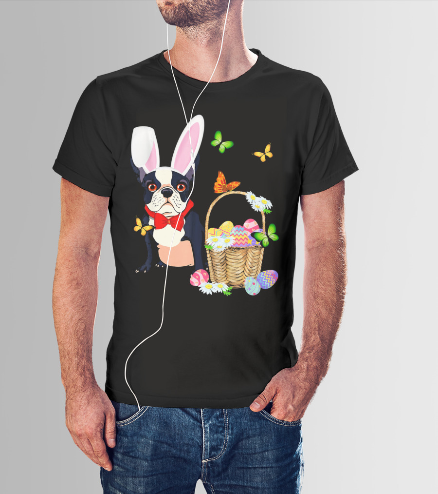 French Bulldog Bunny Hat Rabbit Easter Basket Eggs Butterflies T-Shirt