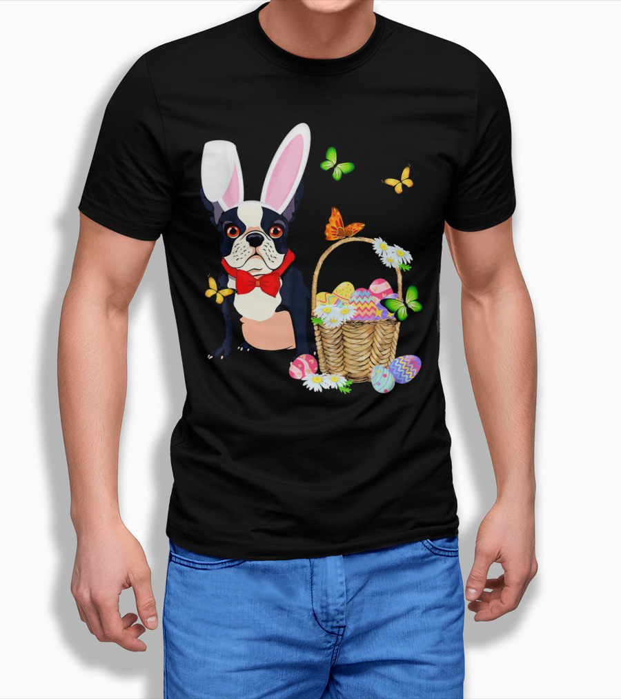 French Bulldog Bunny Hat Rabbit Easter Basket Eggs Butterflies T-Shirt