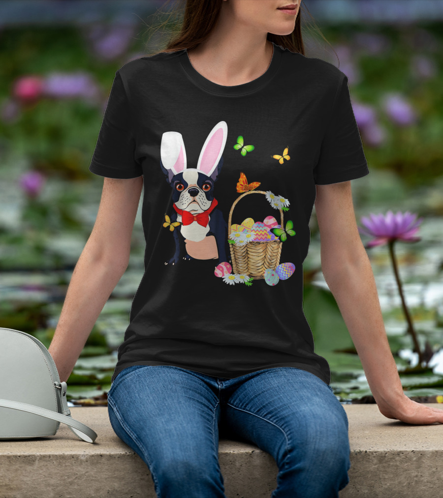 French Bulldog Bunny Hat Rabbit Easter Basket Eggs Butterflies T-Shirt