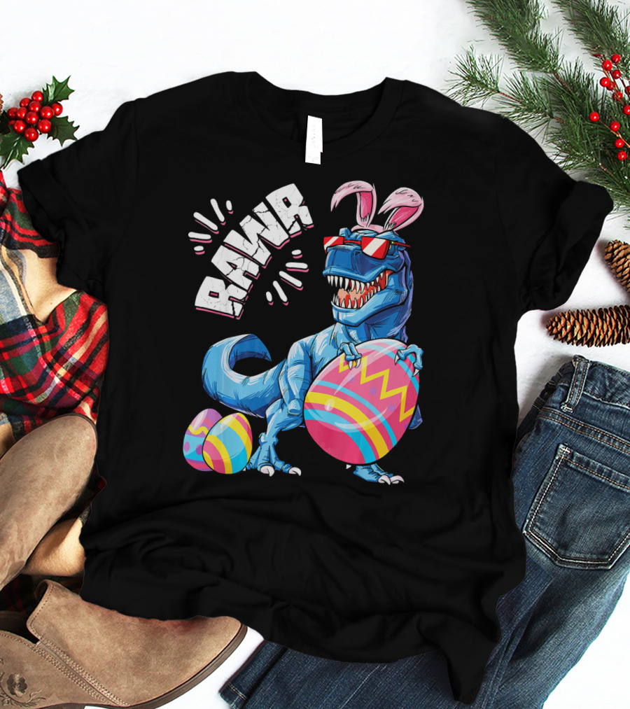 RAWR Easter Bunny Dinosaur T-Rex With Colorful Eggs T-Shirt