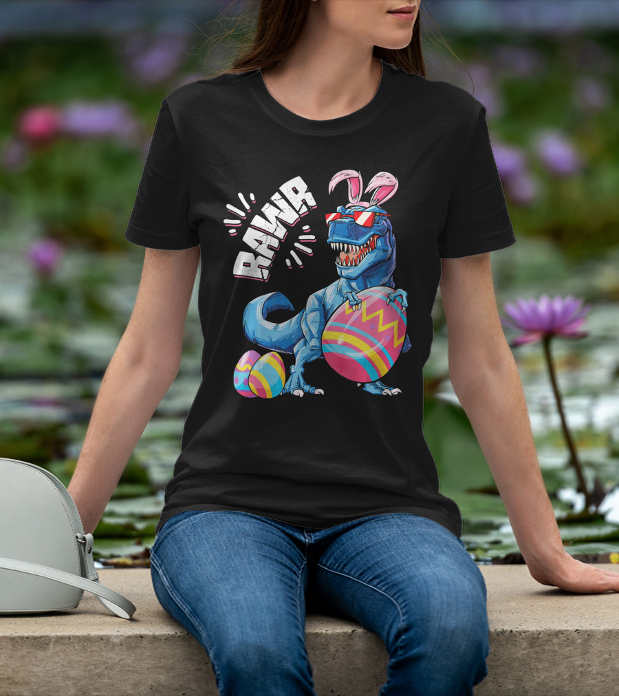 RAWR Easter Bunny Dinosaur T-Rex With Colorful Eggs T-Shirt