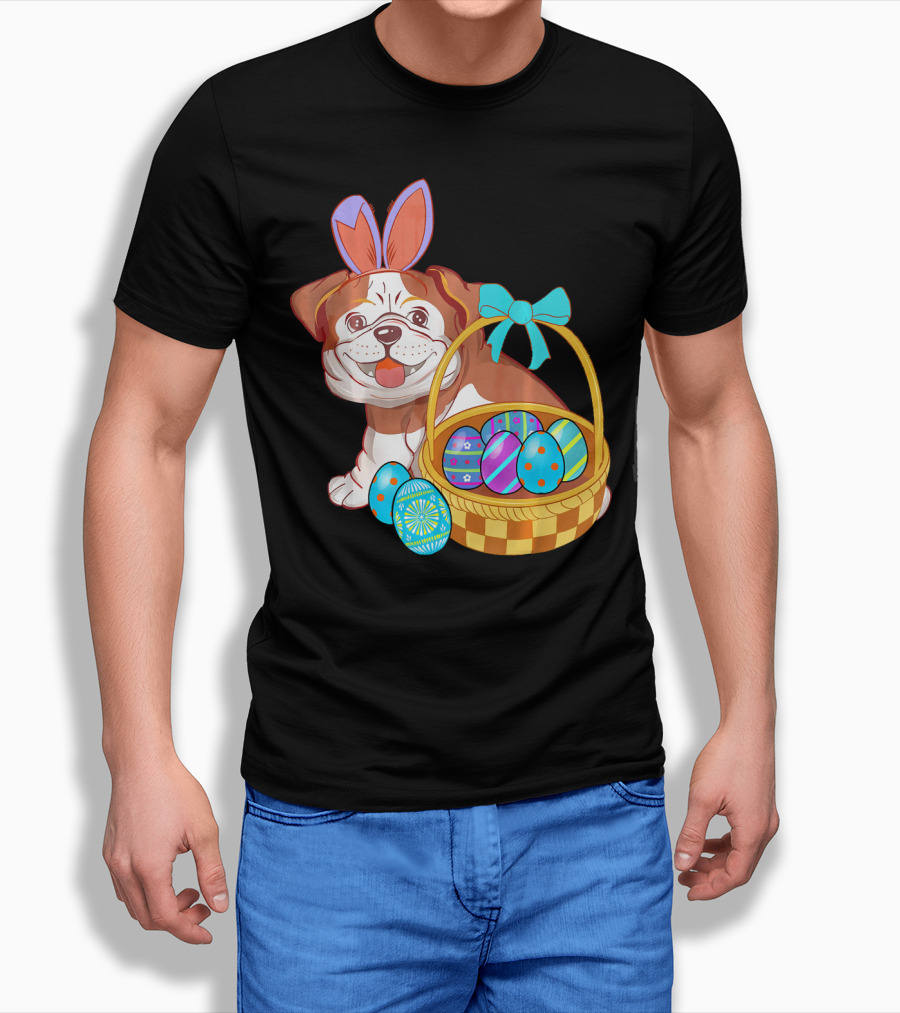 Easter Bulldog Holiday Bunny Ears with Easter Egg Basket T-Shirt