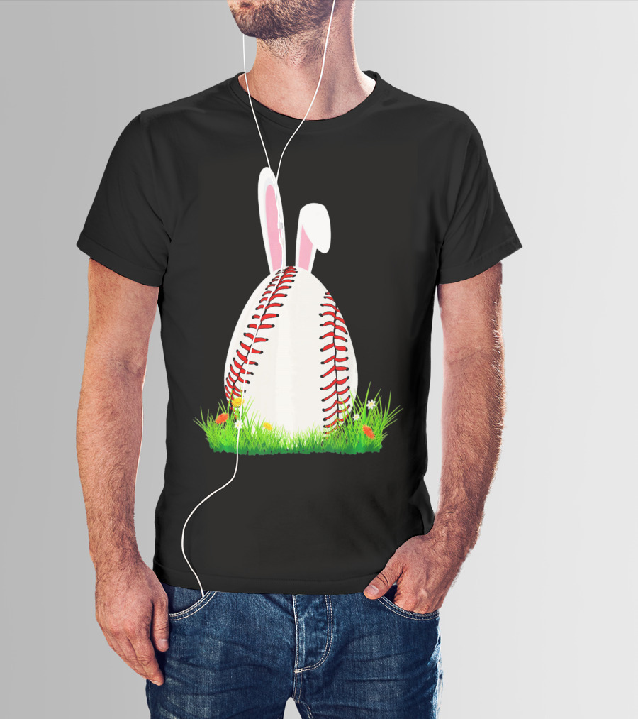 Cute Easter Bunny Baseball Egg With Ears On Grass T-Shirt