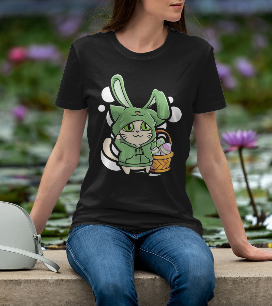 Cat Easter Bunny Hoodie Kawaii With Basket Of Eggs T-Shirt