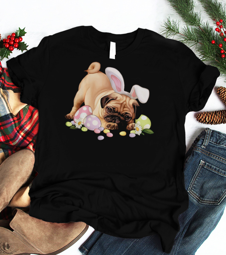 Pug Lovers Bunny Ears Happy Easter Eggs T-Shirt