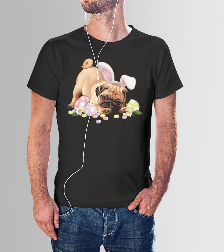 Pug Lovers Bunny Ears Happy Easter Eggs T-Shirt