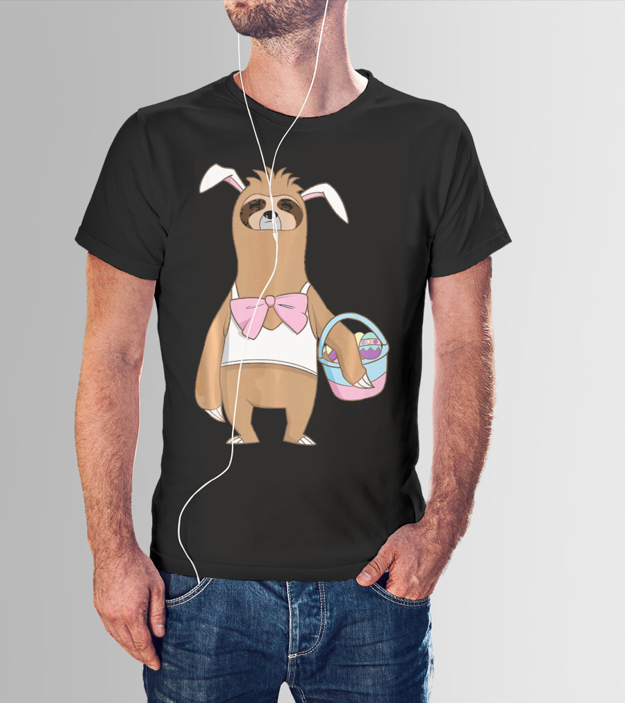 Sloth Easter Bunny Lazy Rabbit With Basket Of Eggs T-Shirt