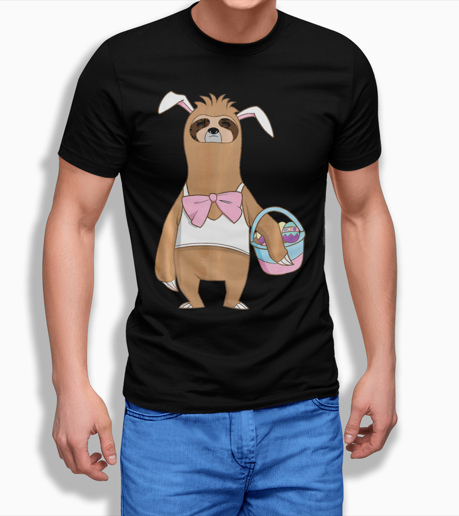 Sloth Easter Bunny Lazy Rabbit With Basket Of Eggs T-Shirt