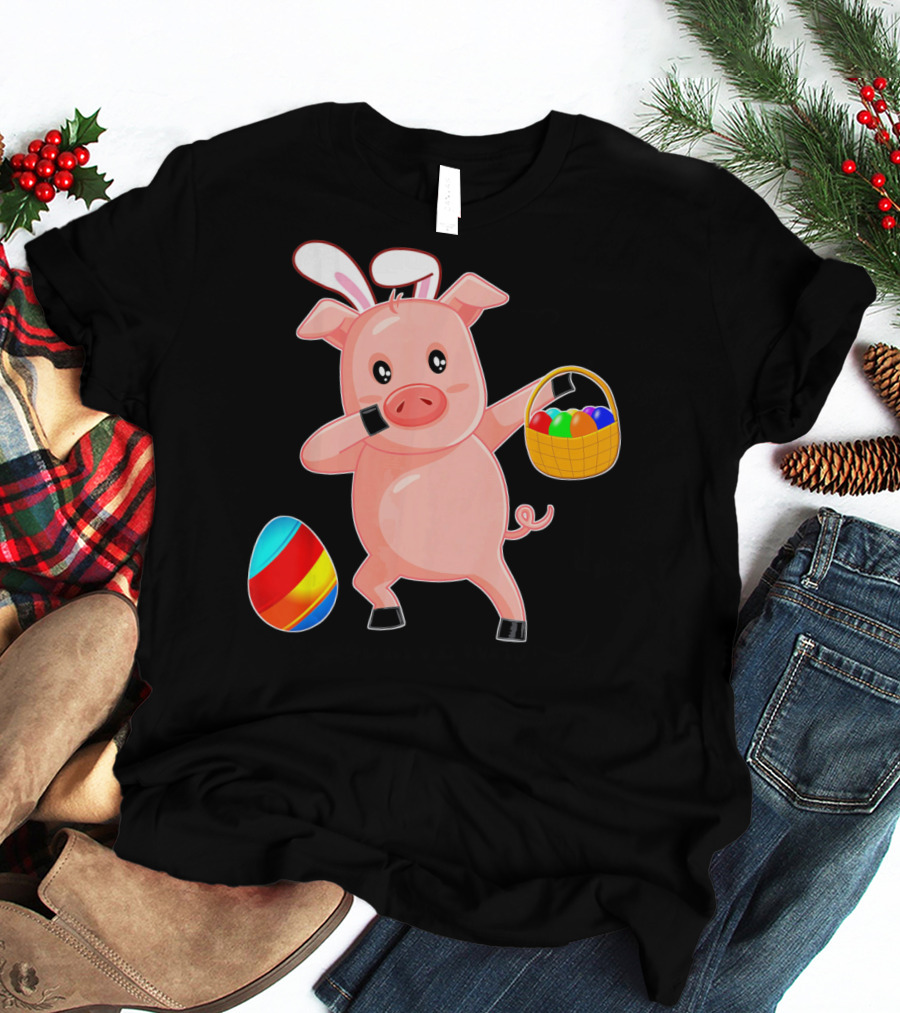Easter Bunny Dabbing Pig With Colorful Egg Basket T-Shirt