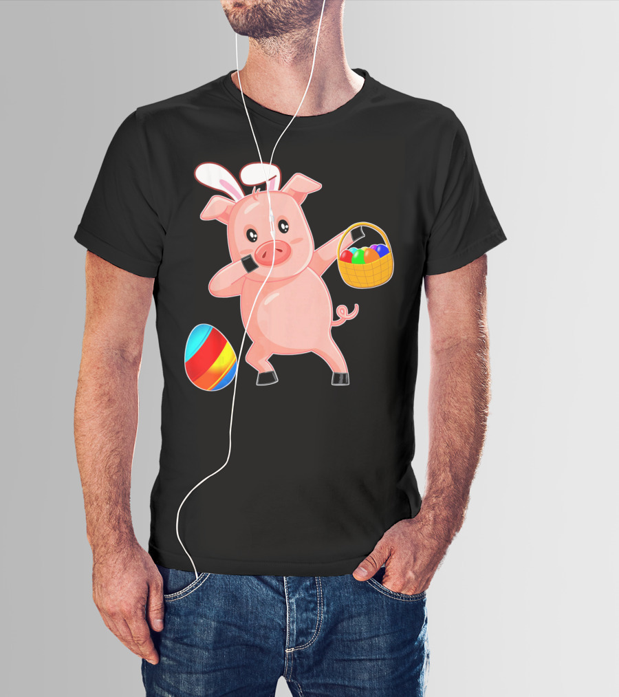 Easter Bunny Dabbing Pig With Colorful Egg Basket T-Shirt