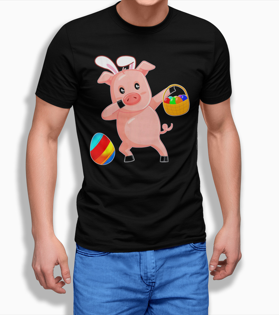 Easter Bunny Dabbing Pig With Colorful Egg Basket T-Shirt