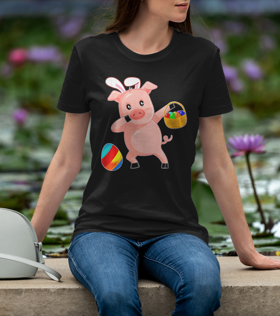 Easter Bunny Dabbing Pig With Colorful Egg Basket T-Shirt