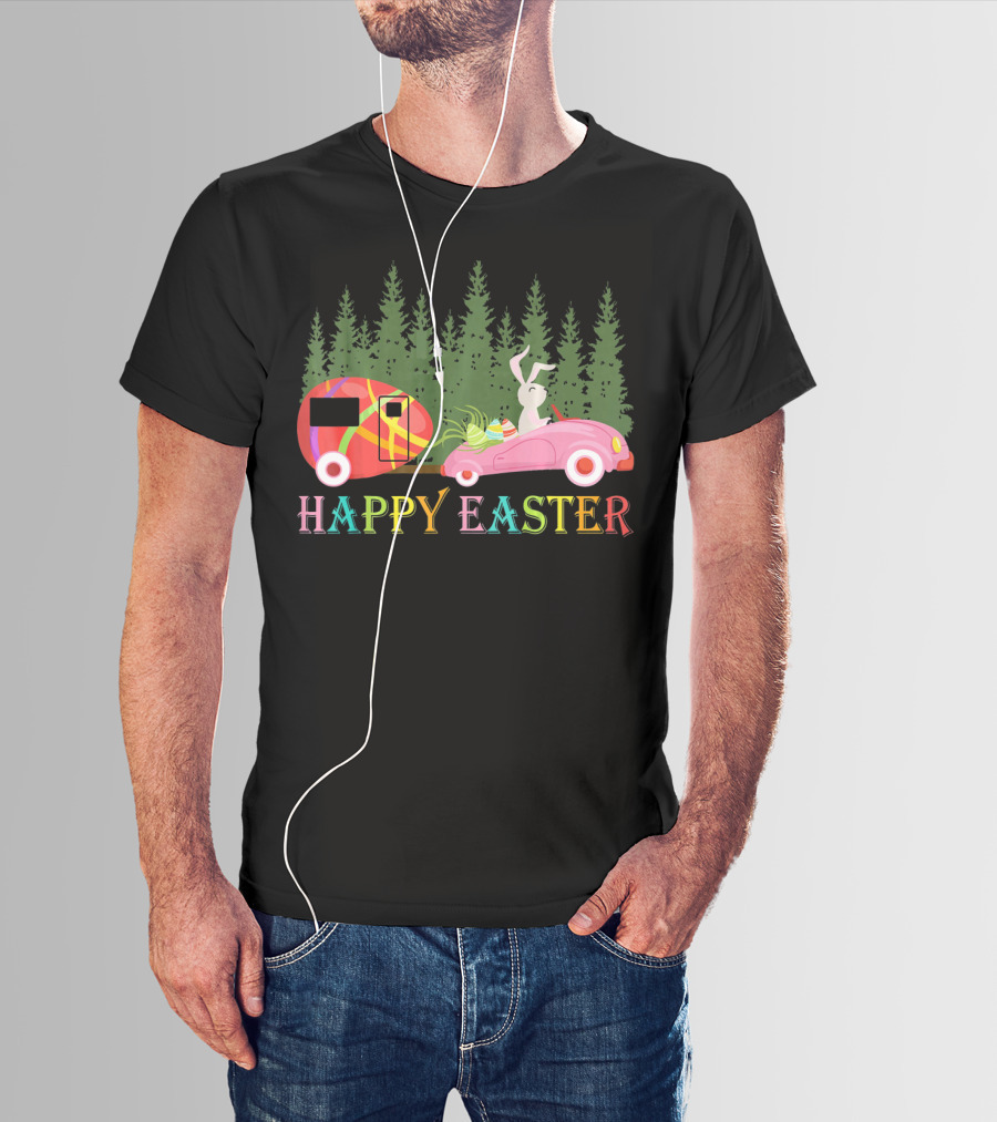 Happy Easter Day Bunny With Egg Camper And Car In Forest T-Shirt