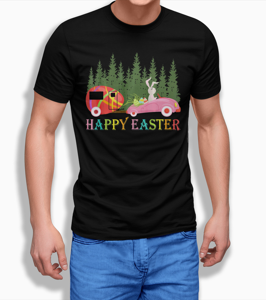 Happy Easter Day Bunny With Egg Camper And Car In Forest T-Shirt