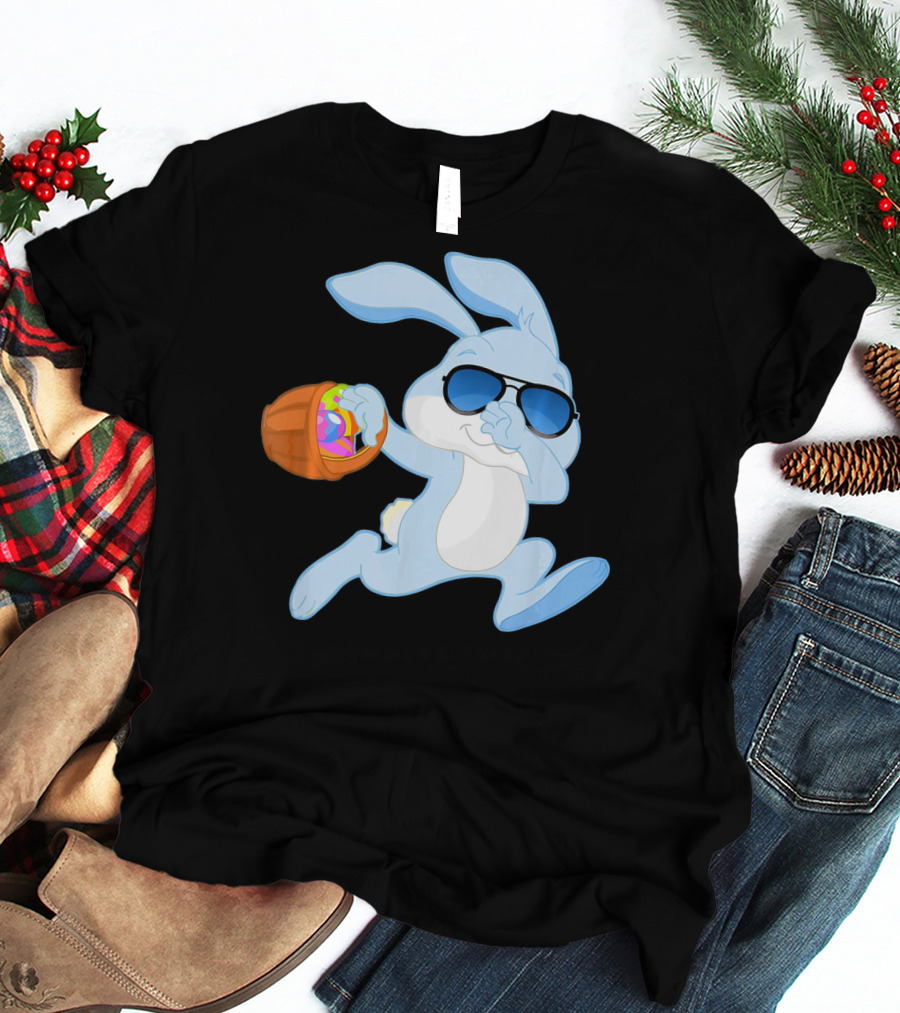 Easter Rabbit Sunglasses Holding Egg Basket T-Shirt