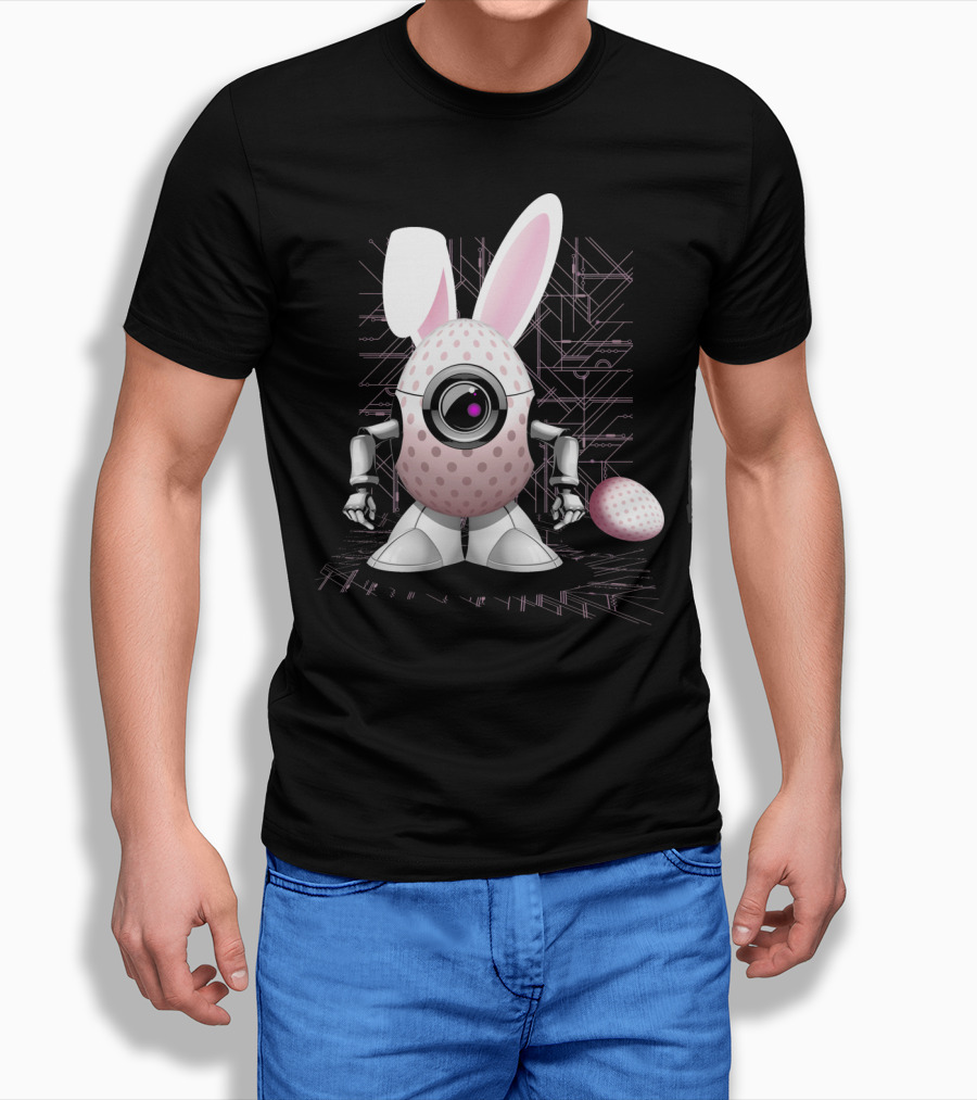 Happy Easter Bunny Robot Egg with Camera Eye and Circuit Background T-Shirt