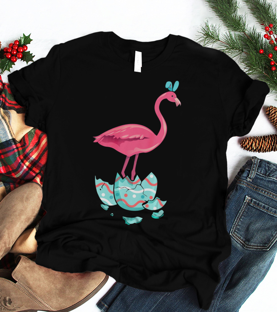 Funny Pink Flamingo On Easter Egg Bun With Bow T-Shirt