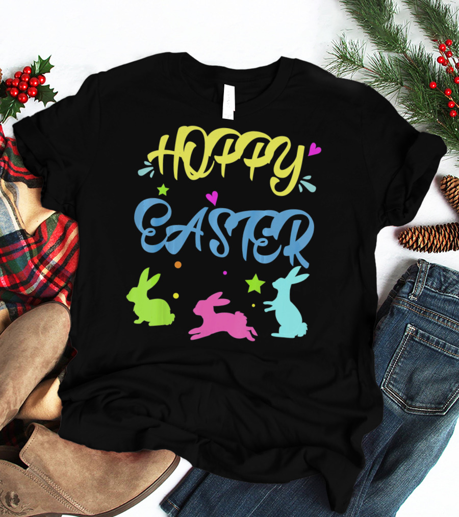 Hoppy Easter Novelty Orthodox Colorful Bunny Silhouettes With Hearts And Stars T-Shirt