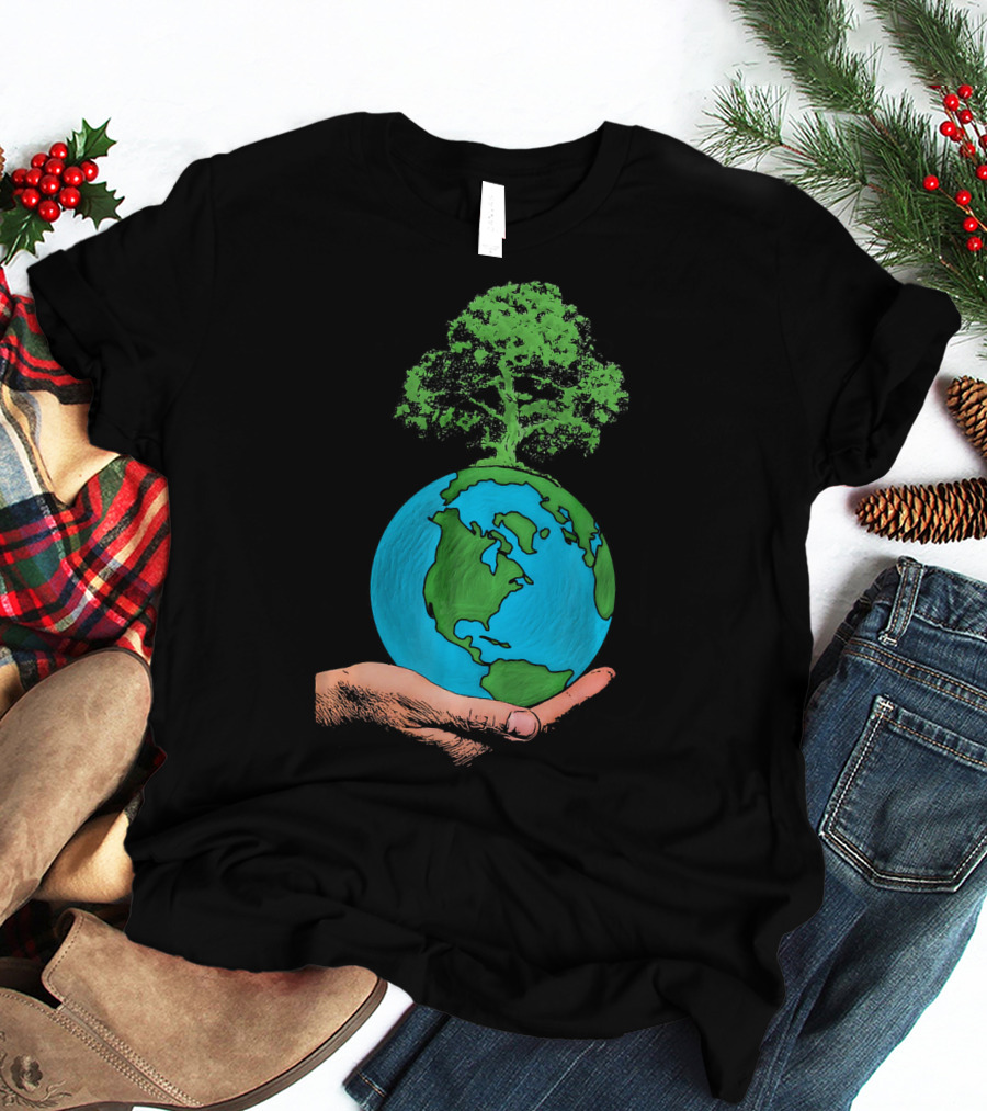 Earth Day Protect Green Environment Tree On Globe In Hand T-Shirt