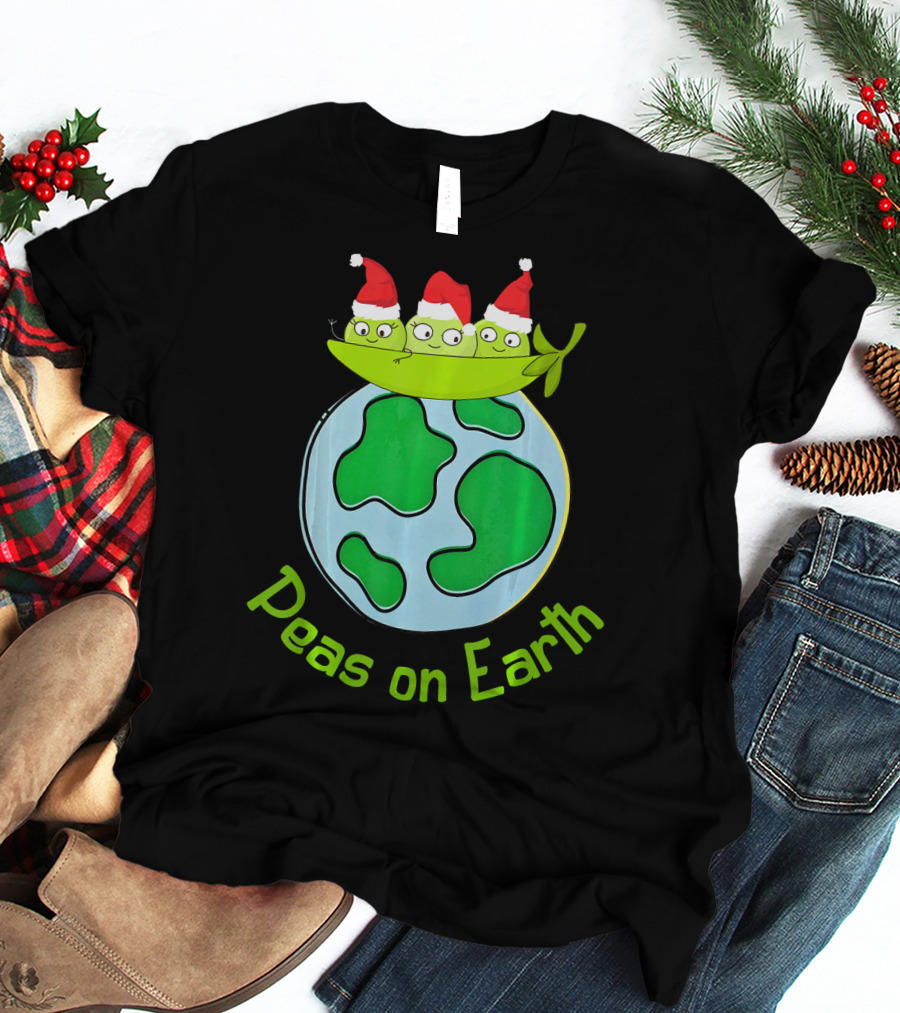 Christmas Peas On Earth With Santa Hat Vegetables On Globe T-Shirt
