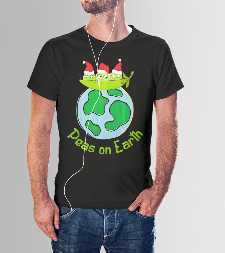 Christmas Peas On Earth With Santa Hat Vegetables On Globe T-Shirt