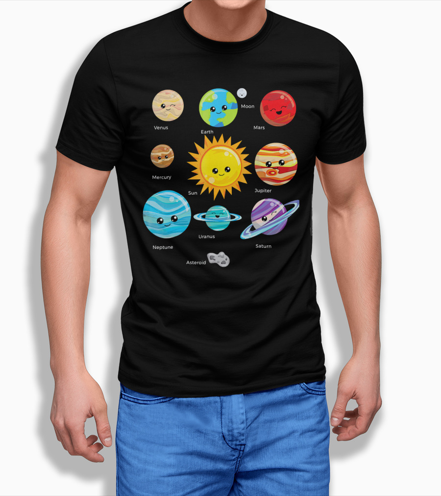 Solar System Planets Earth Moon Sun Venus Mars Mercury Jupiter Neptune Uranus Saturn Asteroid Cartoon T-Shirt