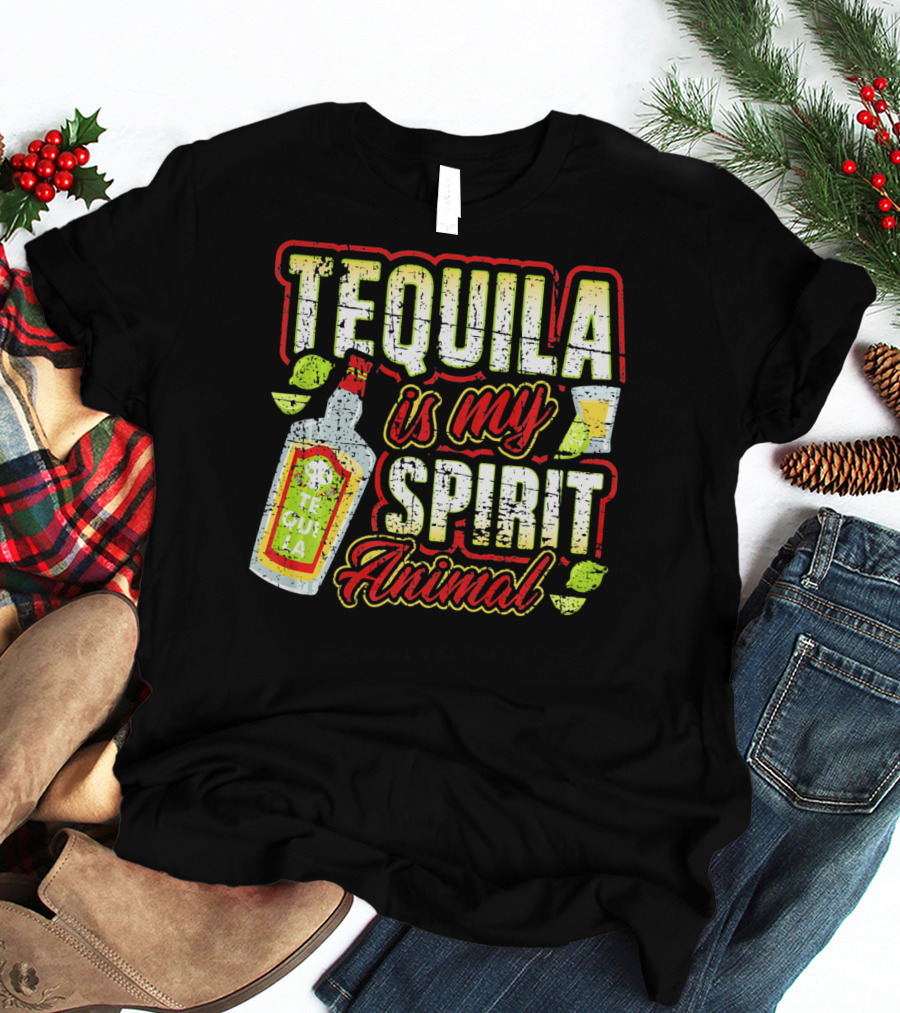 Tequila Is My Spirit Animal Tequila Bottle Lime And Glass T-Shirt