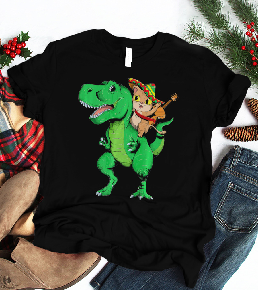Cinco De Mayo Cat With Sombrero Riding T-Rex T-Shirt