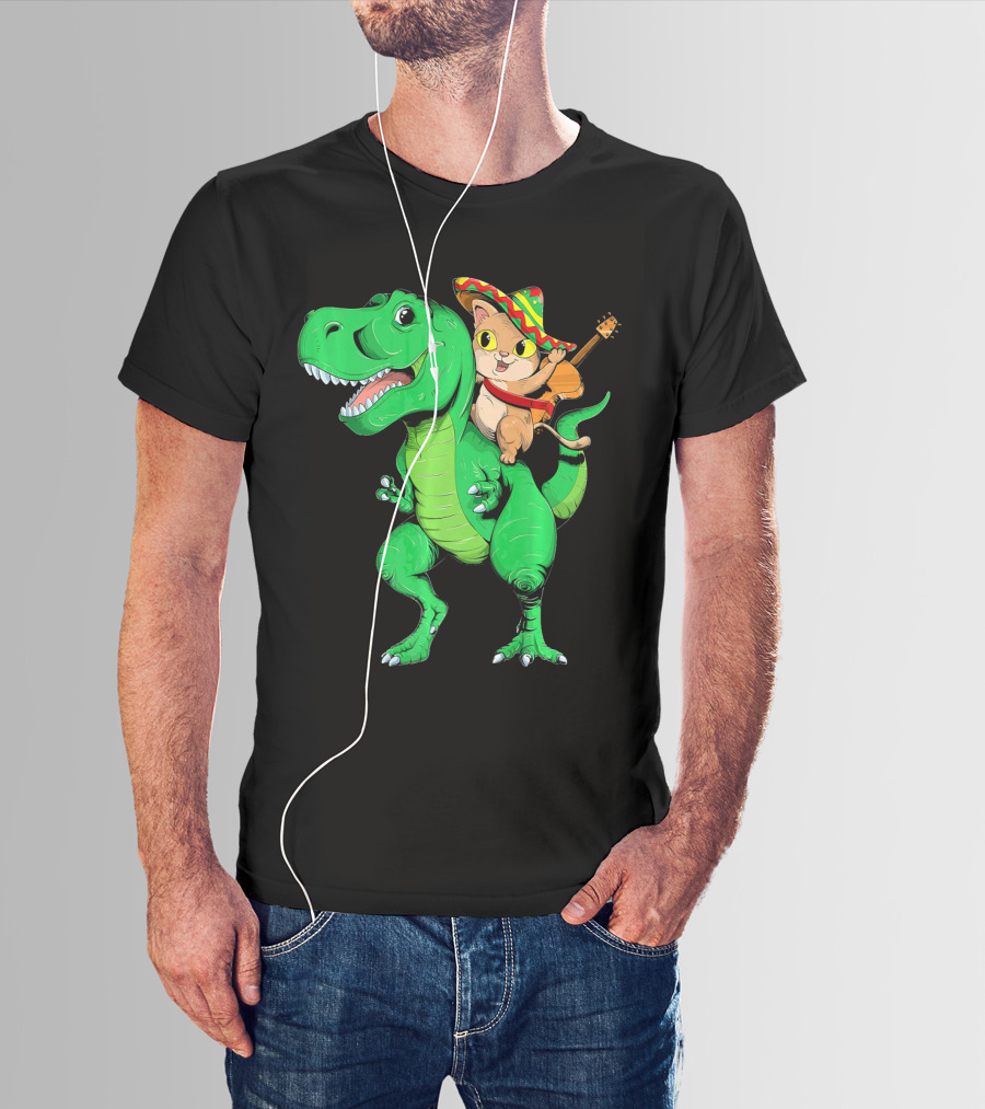 Cinco De Mayo Cat With Sombrero Riding T-Rex T-Shirt