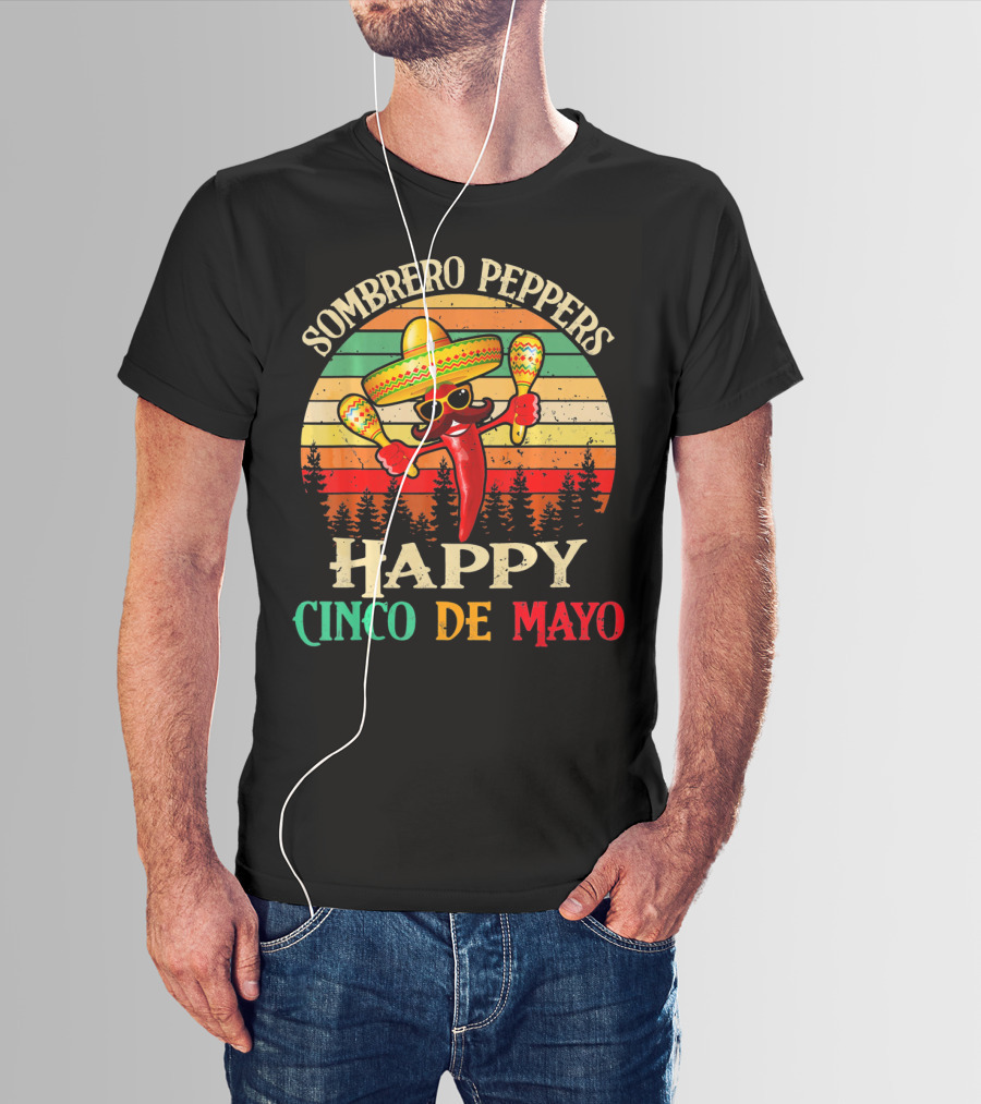 Sombrero Peppers Happy Cinco De Mayo Vintage Sunset T-Shirt