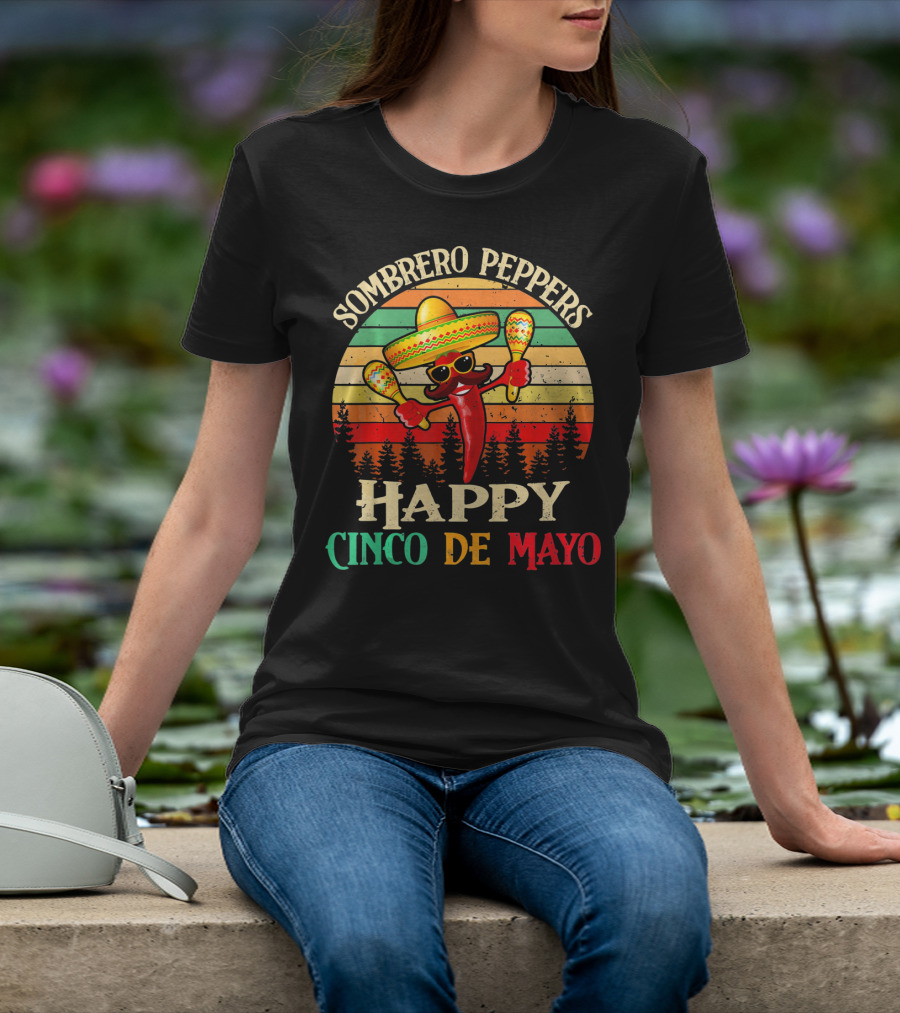 Sombrero Peppers Happy Cinco De Mayo Vintage Sunset T-Shirt