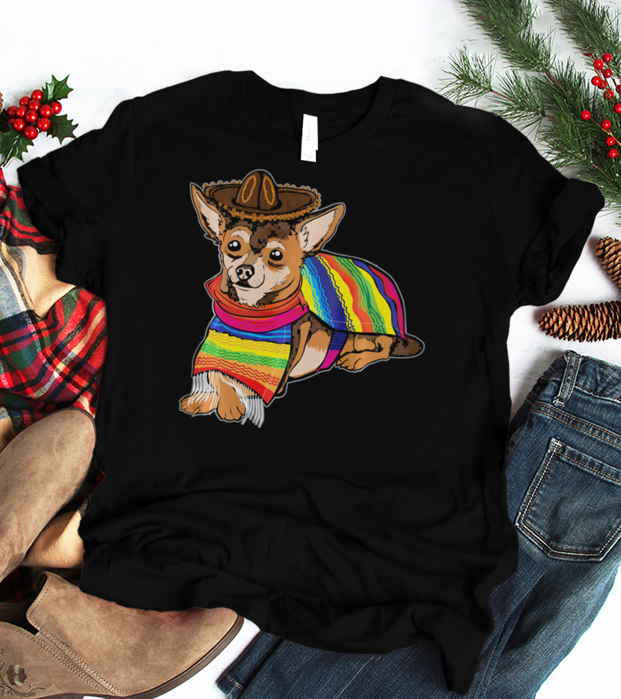 Cute Dog Chihuahua Chiweenie Mexico Sombrero Rainbow Poncho Cinc T-Shirt