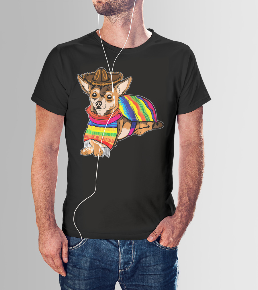 Cute Dog Chihuahua Chiweenie Mexico Sombrero Rainbow Poncho Cinc T-Shirt