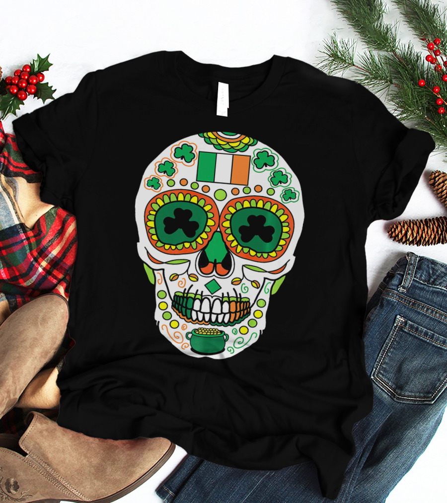 St Paddys Day Irish Flag Shamrock Sugar Skull Cinco De T-Shirt