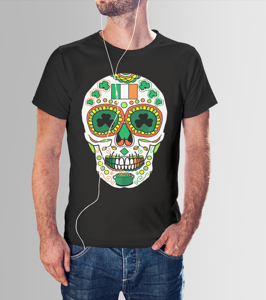 St Paddys Day Irish Flag Shamrock Sugar Skull Cinco De T-Shirt