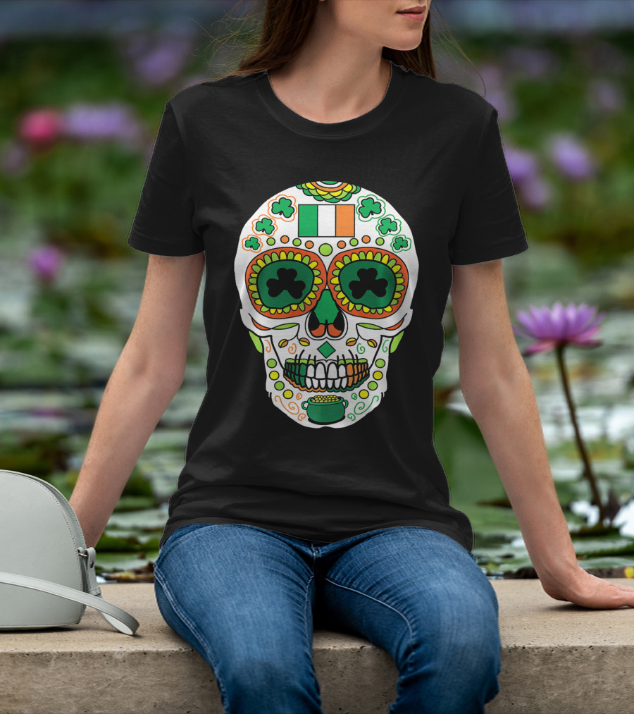 St Paddys Day Irish Flag Shamrock Sugar Skull Cinco De T-Shirt