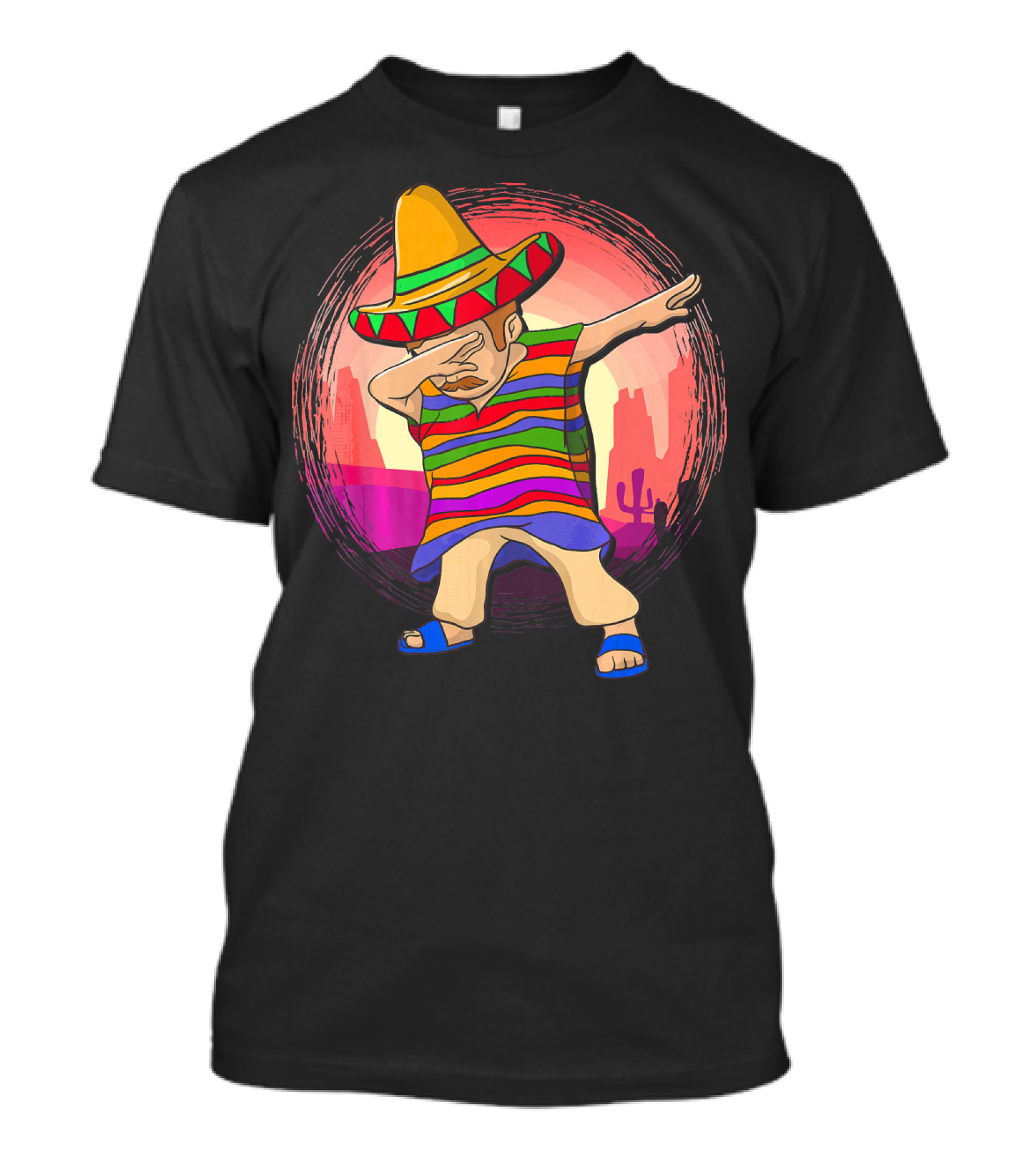 Mexican Poncho Sombrero Dabbing Sunset Cactus Background T-Shirt