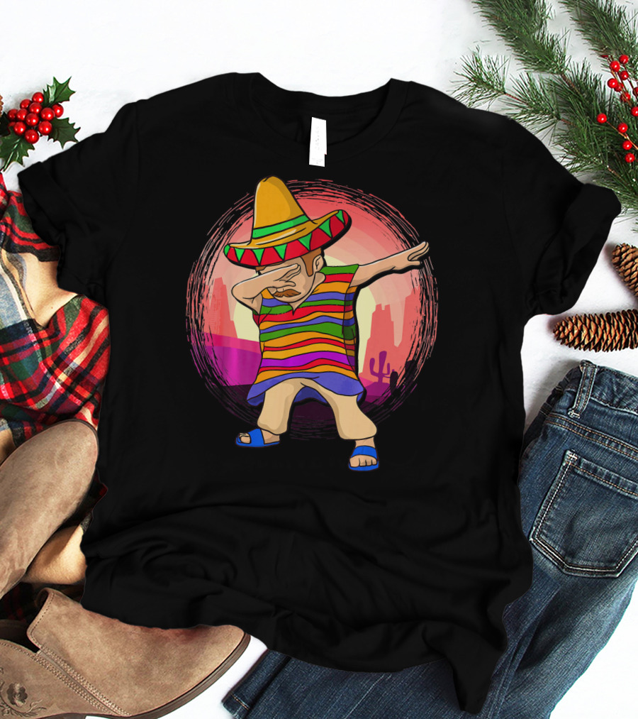Mexican Poncho Sombrero Dabbing Sunset Cactus Background T-Shirt