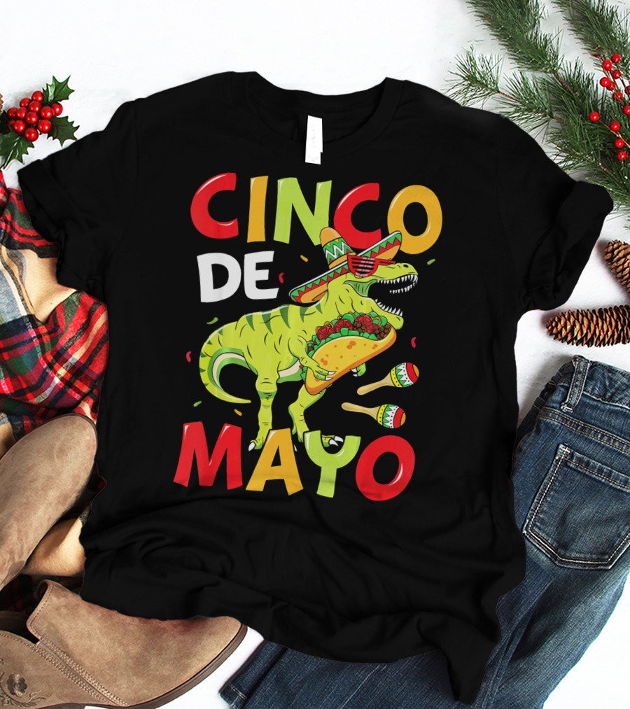 Cinco De Mayo T Rex Kids Boys Dino Sombrero Taco Maracas T-Shirt