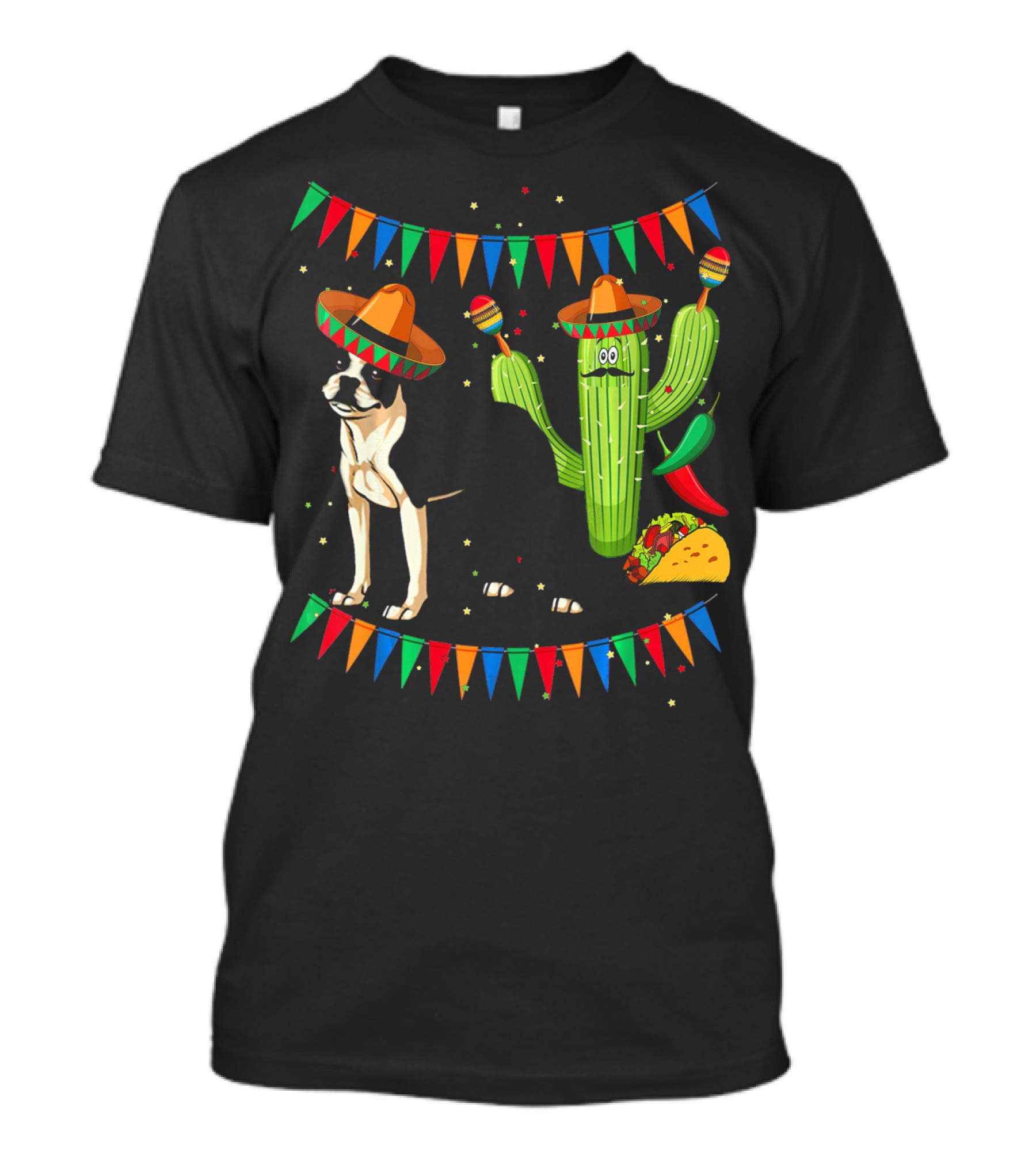 Sombrero Boston Terrier Mexico Cactus Taco Maracas Fiesta Cinco T-Shirt