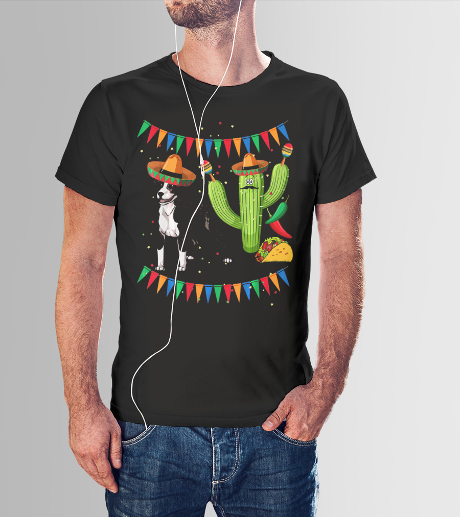 Sombrero American Pit Bull Terrier With Cactus And Taco Fiesta Elements T-Shirt
