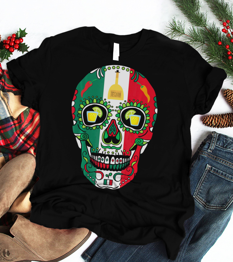 Mexican Cinco De Mayo Tequila Skull With Flag Colors And Chili Peppers T-Shirt
