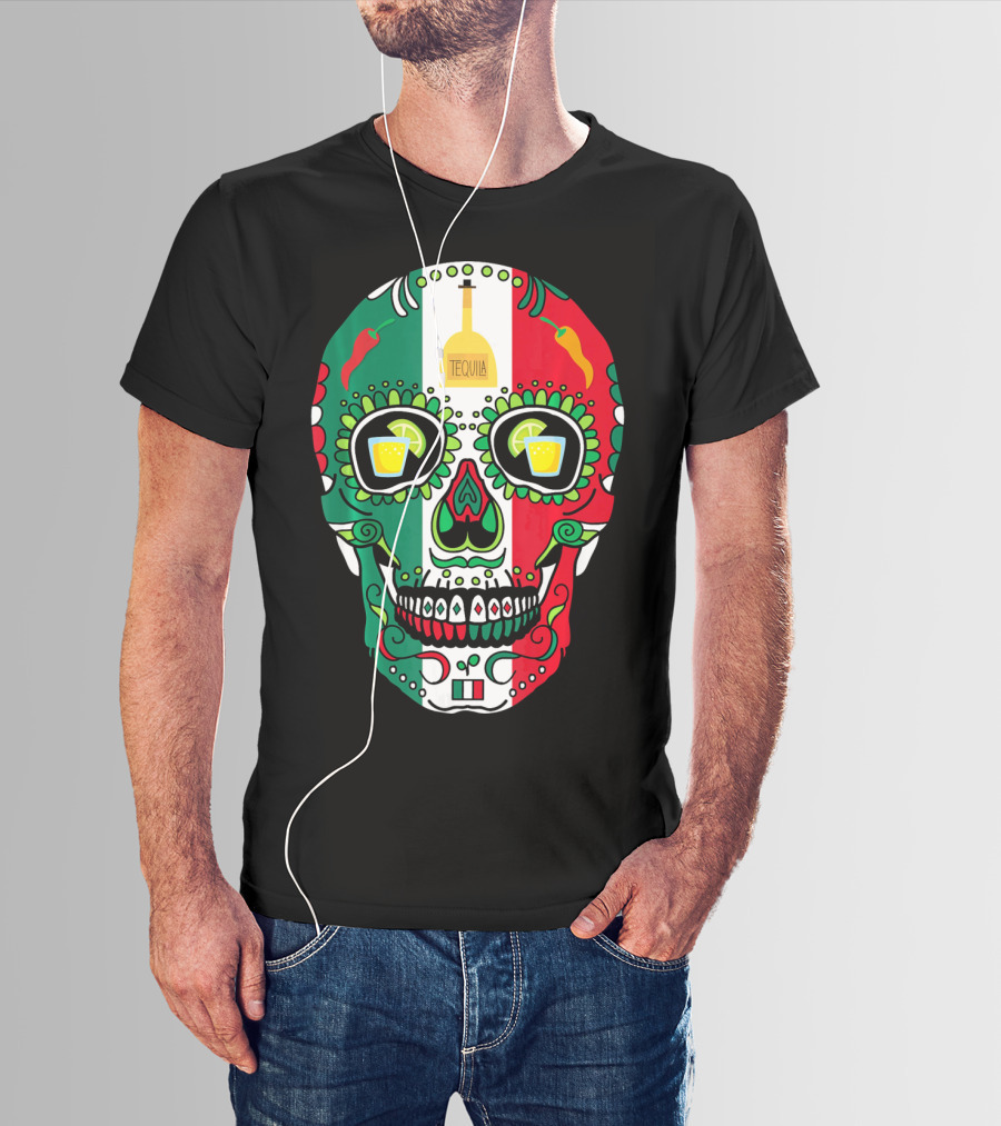 Mexican Cinco De Mayo Tequila Skull With Flag Colors And Chili Peppers T-Shirt